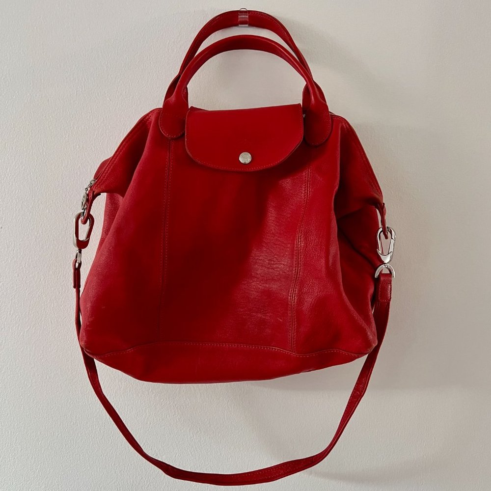 Red Ruby Le Pliage Cuir Medium Leather Crossbody Satchel Bag